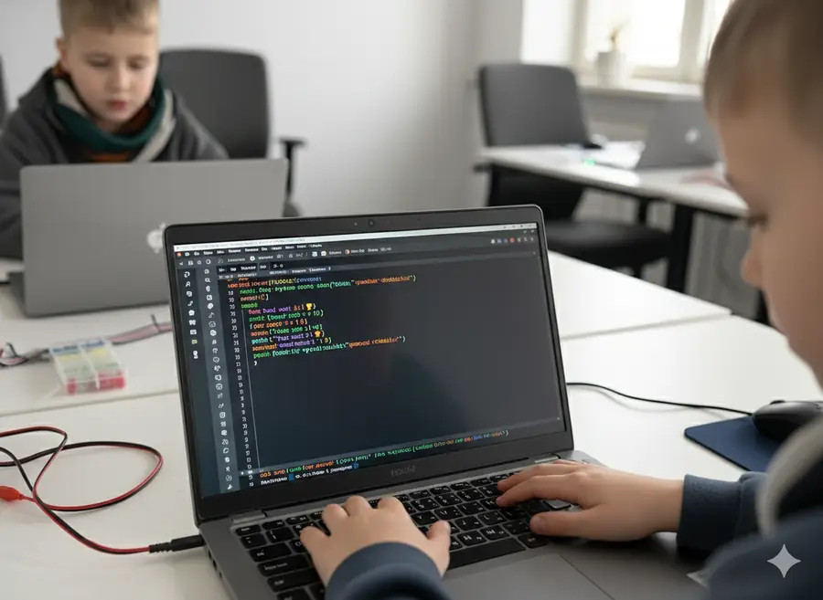 Dziecko programuje w Pythonie na warsztatach JuniorAI