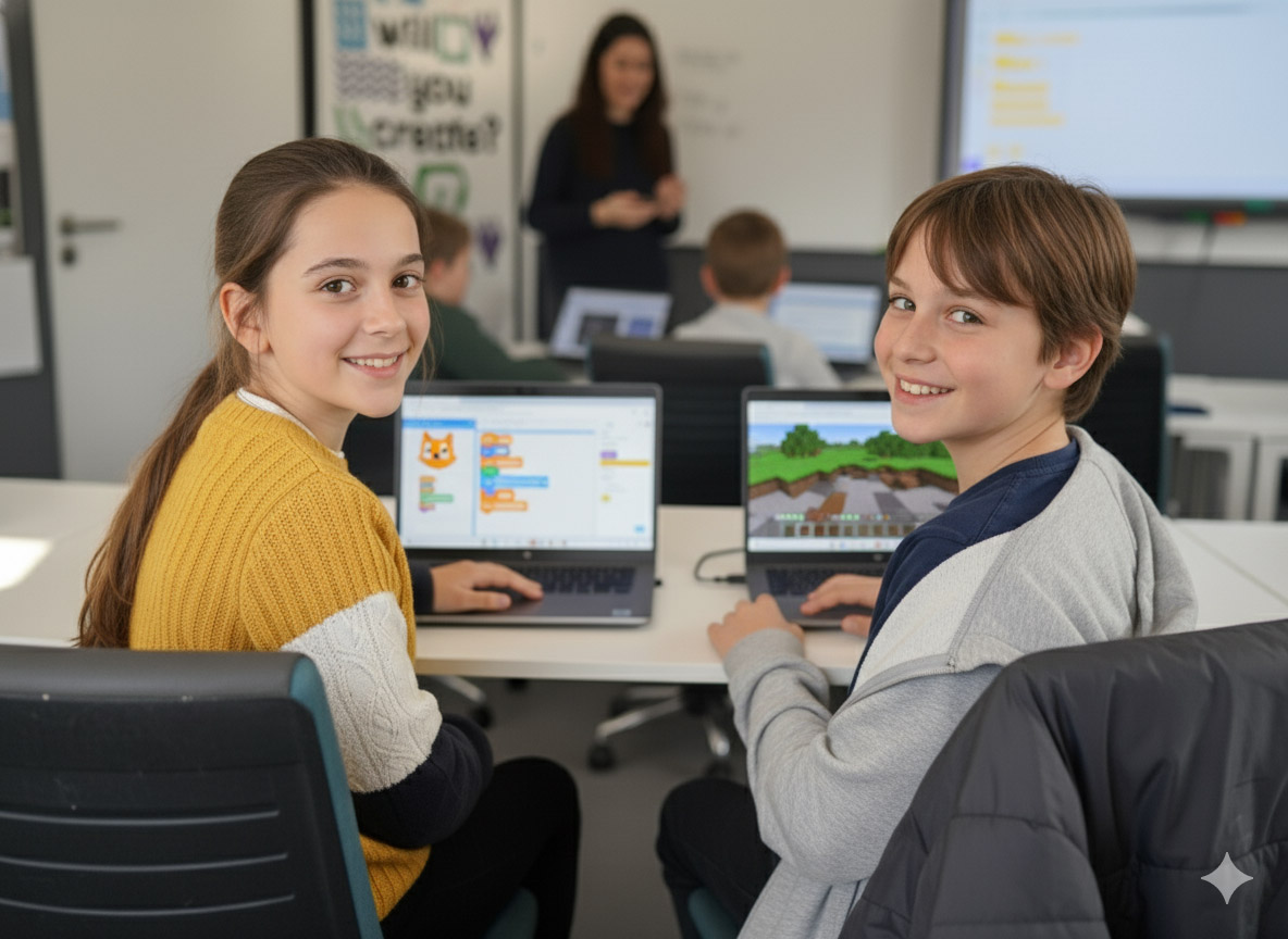 Dzieci uczące się programowania Scratch Python micro:bit w JuniorAI Tarnów