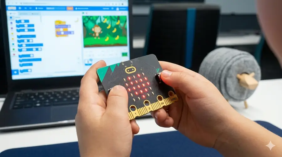 micro:bit jako kontroler do gry w Scratchu - dzieci sterują grą przechylając płytkę
