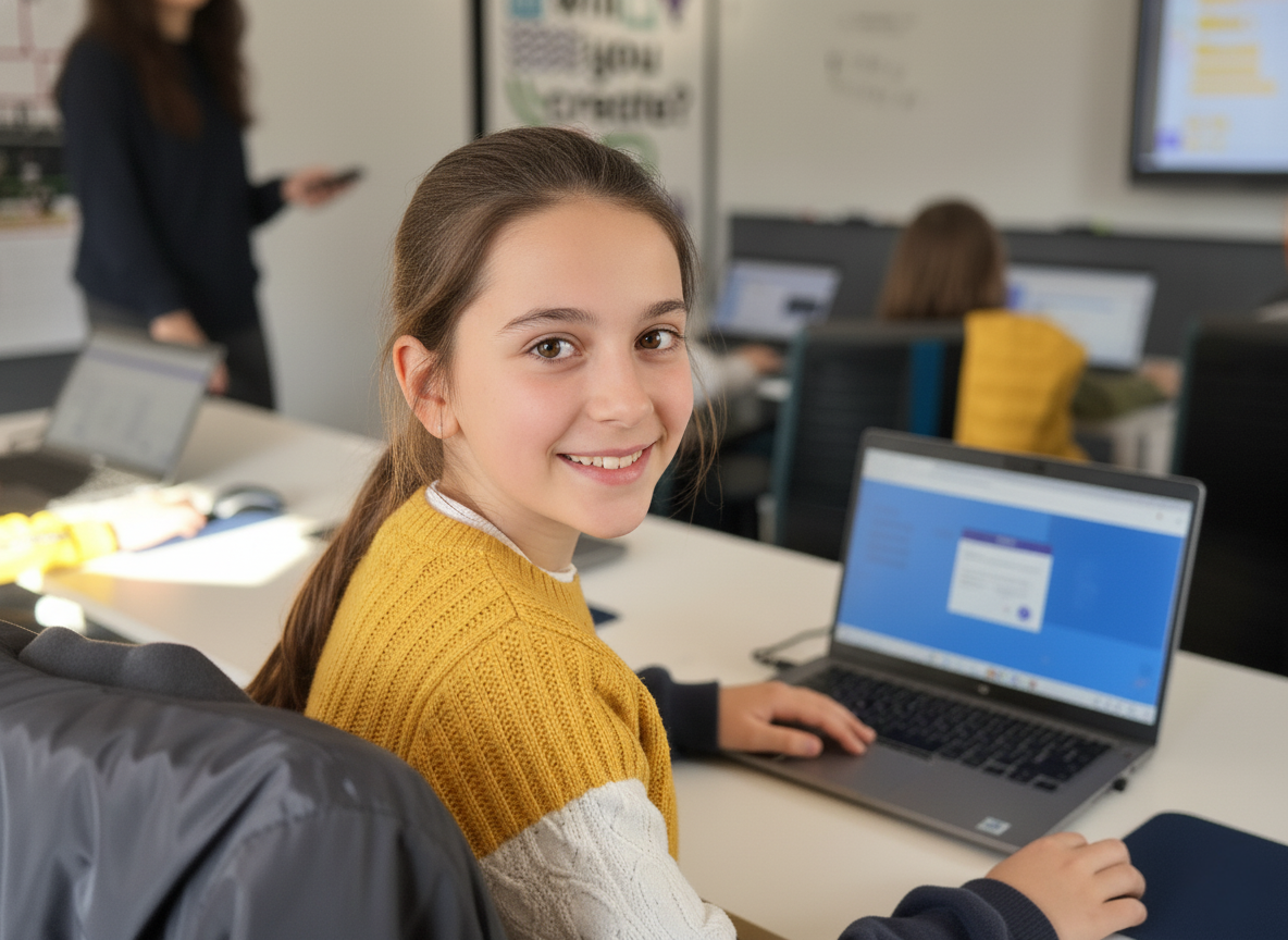 Alicja - uczennica JuniorAI tworzy zaawansowane animacje w Scratch z dialogami