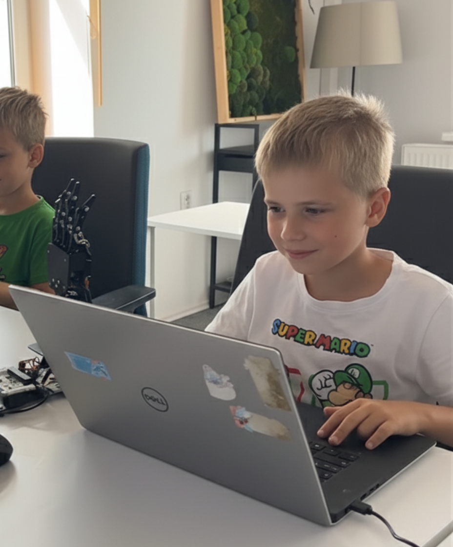 Ignacy, 9 lat - uczeń JuniorAI programuje robotyczną rękę AI sterowaną Micro:bit