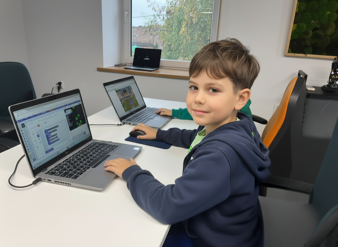 Marcin, 8 lat - uczeń JuniorAI programuje Micro:bit, wyświetlanie imienia na LED